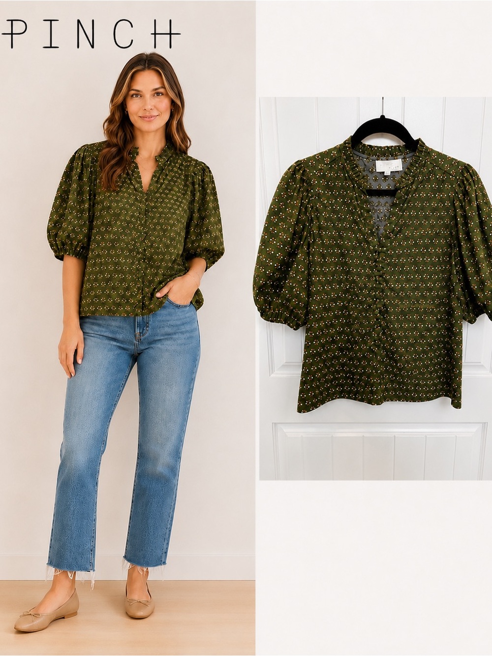 PINCH Olive Floral Puff Sleeve Blouse | Size L